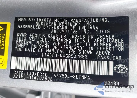 2016 Toyota Camry Le из США, поврежденный, VIN 4T4BF1FK4GR532653